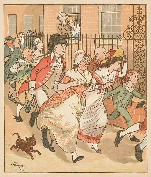 Neighbours rushing to help the good man of Islington, c1879. Creator: Randolph Caldecott
