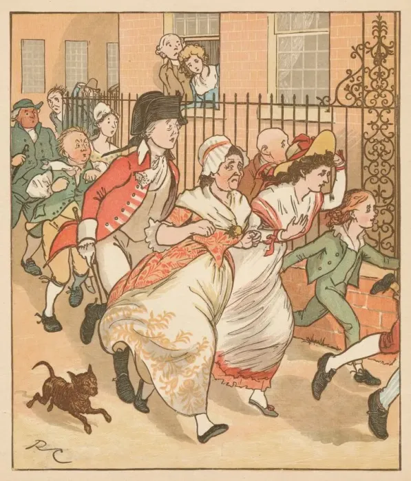 Framed Print : Neighbours rushing to help the good man of Islington, c1879. Creator: Randolph Caldecott Framed Print : Neighbours rushing to help the good man of Islington, c1879. Creator: Randolph Caldecott