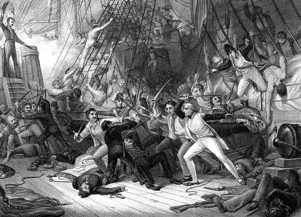 Nelson boarding the San Josef, Battle of Cape St Vincent, 1797. Artist: JJ Crew