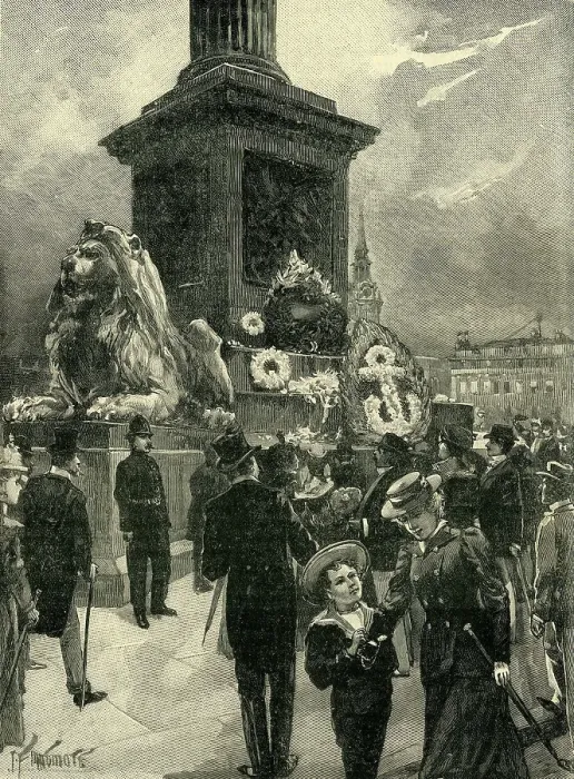 Framed Print : Nelson Day: Scene in Trafalgar Square, London, 1895, (c1900). Creator: Unknown Framed Print : Nelson Day: Scene in Trafalgar Square, London, 1895, (c1900). Creator: Unknown