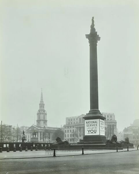 Nelsons Column with National Service recruitment poster, London, 1939