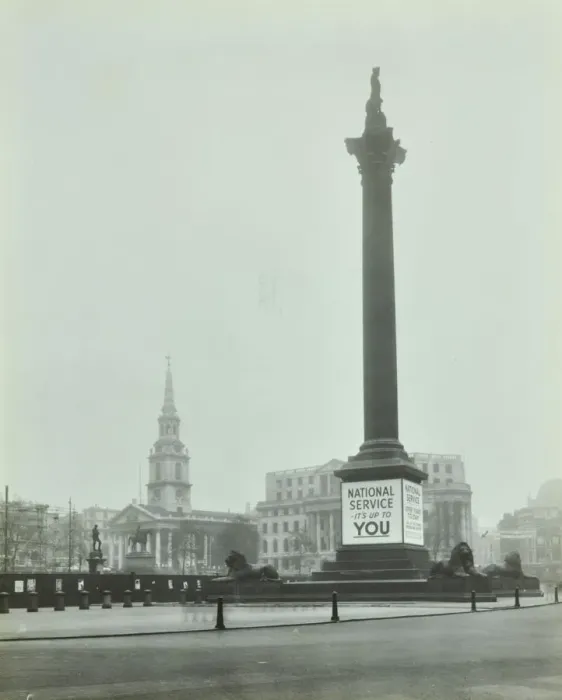 Framed Print : Nelsons Column with National Service recruitment poster, London, 1939 Framed Print : Nelsons Column with National Service recruitment poster, London, 1939