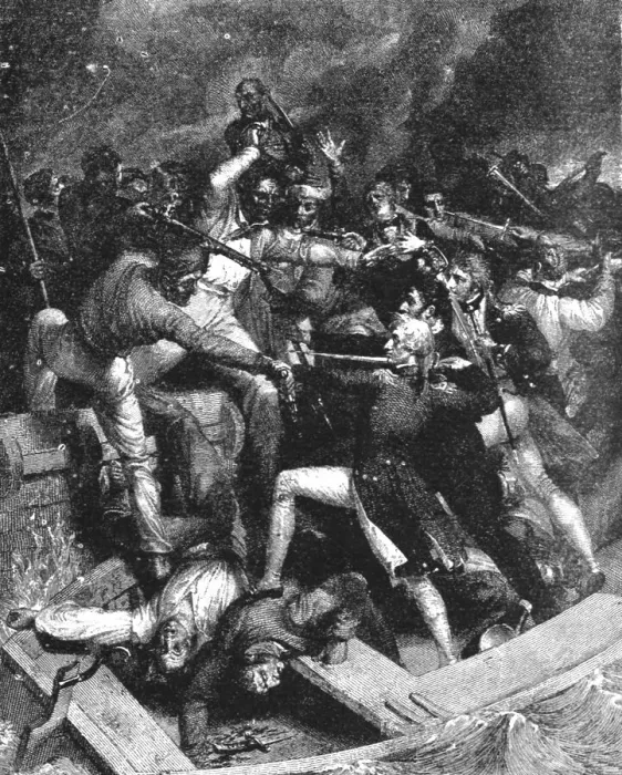Framed Print : Nelson's Conflict with a Spanish Launch, July 3, 1797 at the Blockade of Cadiz... 1891. Creator: Richard Westall Framed Print : Nelson's Conflict with a Spanish Launch, July 3, 1797 at the Blockade of Cadiz... 1891. Creator: Richard Westall