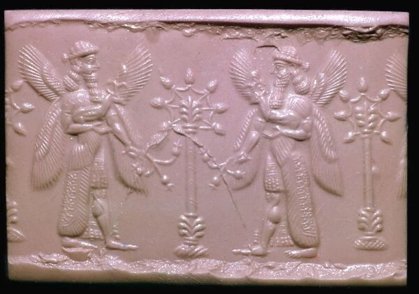 Neo-Assyrian cylinder-seal impression showing mythical beings making offerings