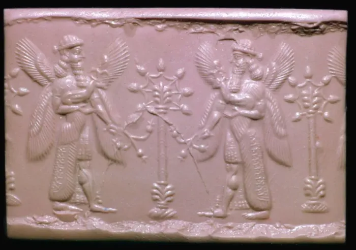 Framed Print : Neo-Assyrian cylinder-seal impression showing mythical beings making offerings Framed Print : Neo-Assyrian cylinder-seal impression showing mythical beings making offerings