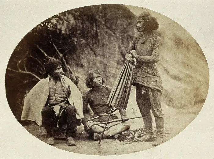Framed Print : Nepal: military men: two seated, one standing, c1860. Creator: Clarence Comyn Taylor Framed Print : Nepal: military men: two seated, one standing, c1860. Creator: Clarence Comyn Taylor