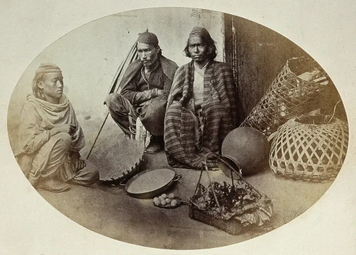 Framed Print : Nepal: three Newar men selling produce, seated, c1860. Creator: Clarence Comyn Taylor Framed Print : Nepal: three Newar men selling produce, seated, c1860. Creator: Clarence Comyn Taylor