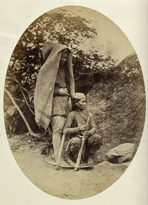 Framed Print : Nepal: two Tibetan men with pick-axes, c1860. Creator: Clarence Comyn Taylor