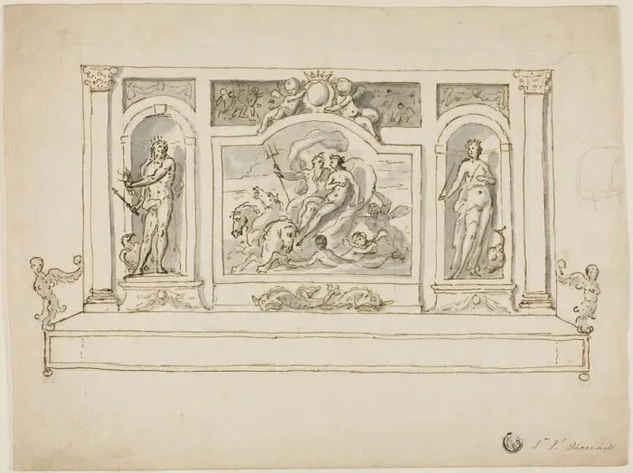 Framed Print : Neptune and Amphitrite Flanked by Jupiter and Juno: Design for Painted Hall or Garden Framed Print : Neptune and Amphitrite Flanked by Jupiter and Juno: Design for Painted Hall or Garden