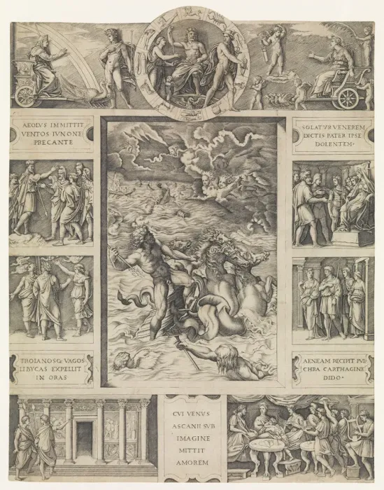 Framed Print : Neptune calming the tempest which Aeolus raised against Aeneas fleet from Book I o... ca. 1515-16. Creator: Marcantonio Raimondi Framed Print : Neptune calming the tempest which Aeolus raised against Aeneas fleet from Book I o... ca. 1515-16. Creator: Marcantonio Raimondi
