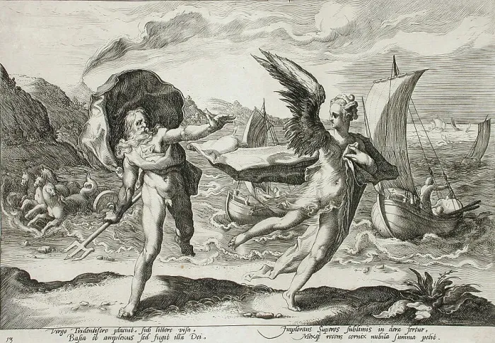 Framed Print : Neptune Pursuing Coronis, Who is Changed into a Crow, published 1590. Creator: Hendrik Goltzius Framed Print : Neptune Pursuing Coronis, Who is Changed into a Crow, published 1590. Creator: Hendrik Goltzius