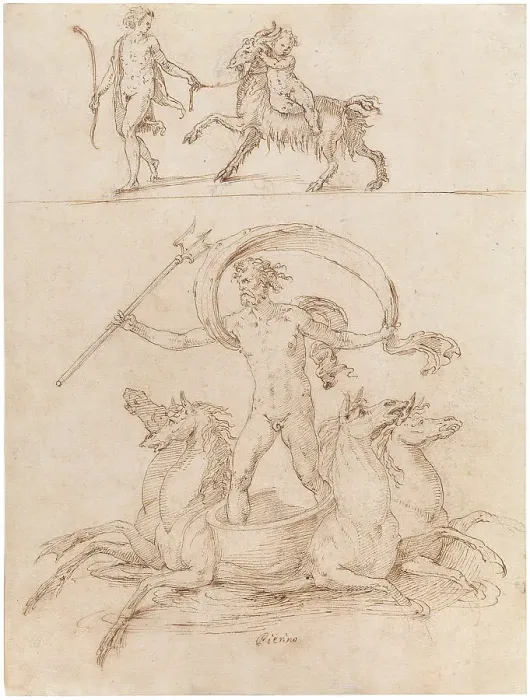 Framed Print : Neptune riding his chariot the infant-god Zeus riding the Goat Amalthea. Creator: Perino del Vaga (1501-1547) Framed Print : Neptune riding his chariot the infant-god Zeus riding the Goat Amalthea. Creator: Perino del Vaga (1501-1547)