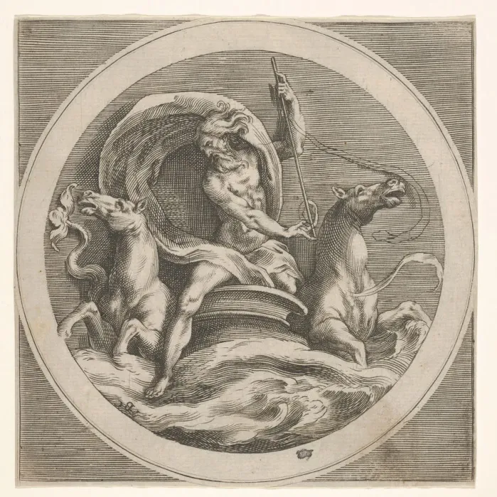 Framed Print : Neptune rising from the sea and bearing a staff, accompanied by two horse-headed... ca Framed Print : Neptune rising from the sea and bearing a staff, accompanied by two horse-headed... ca