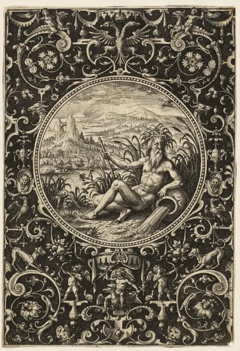 Framed Print : Neptune as a River God, plate two from The Judgment of Paris, 1575 / 1618 Framed Print : Neptune as a River God, plate two from The Judgment of Paris, 1575 / 1618