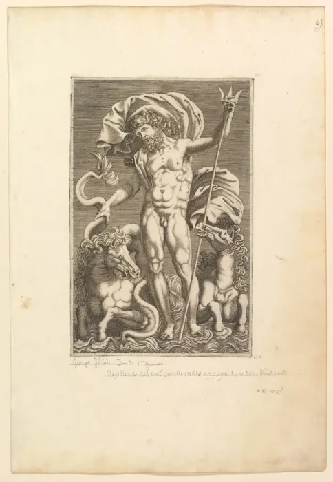 Framed Print : Neptune Between Two Sea Horses, ca. 1560-80. Creator: Unknown Framed Print : Neptune Between Two Sea Horses, ca. 1560-80. Creator: Unknown