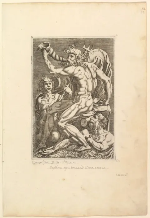Framed Print : Neptune Seated Blowing a Conch Shell, 16th century. Creator: Unknown Framed Print : Neptune Seated Blowing a Conch Shell, 16th century. Creator: Unknown