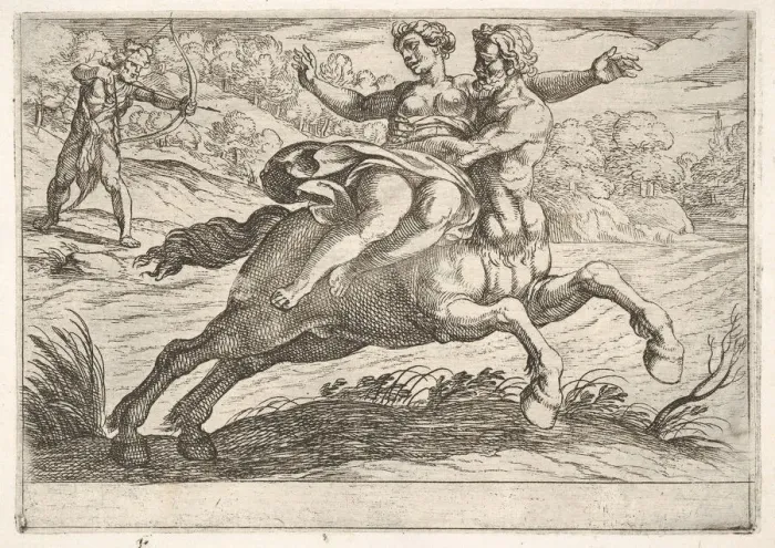 Framed Print : Nessus attempting to take Dejanira from Hercules: Nessus restrains Dejanira on his back Framed Print : Nessus attempting to take Dejanira from Hercules: Nessus restrains Dejanira on his back