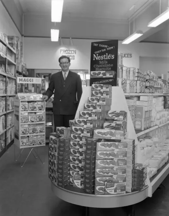 Framed Print : Nestles shop display, Mexborough, South Yorkshire, 1959. Artist: Michael Walters Framed Print : Nestles shop display, Mexborough, South Yorkshire, 1959. Artist: Michael Walters