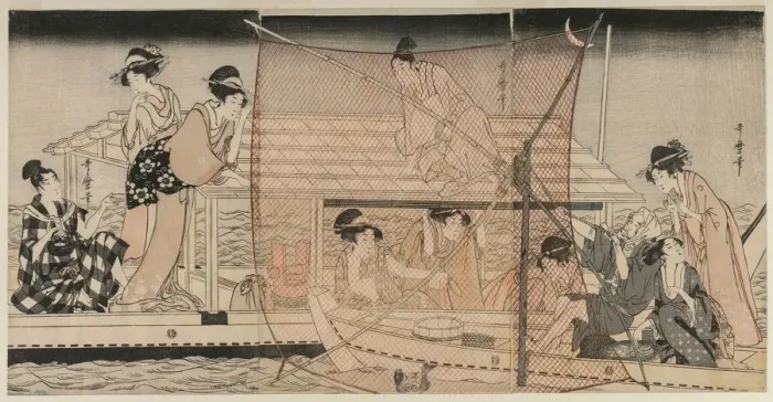 Framed Print : Net Fishing at Night on the Sumida River, c. 1800. Creator: Kitagawa Utamaro (Japanese Framed Print : Net Fishing at Night on the Sumida River, c. 1800. Creator: Kitagawa Utamaro (Japanese