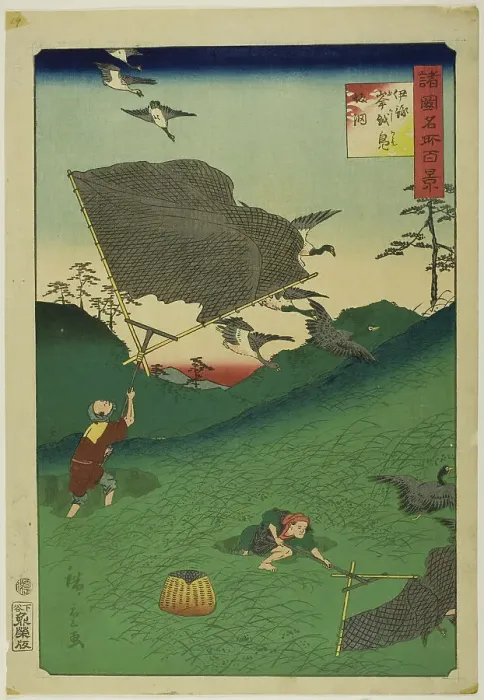 Framed Print : Netting Wild Geese on the Hill at Okoshi, Iyo Province (Iyo Okoshi kamo saka ami) from the... 1861. Creator: Utagawa Hiroshige II Framed Print : Netting Wild Geese on the Hill at Okoshi, Iyo Province (Iyo Okoshi kamo saka ami) from the... 1861. Creator: Utagawa Hiroshige II