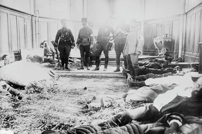 Framed Print : Neufmentier [i.e. Chauconin-Neufmontiers], French & German wounded... between c1910 and c1915. Creator: Bain News Service. Neufmentier [i.e. Chauconin-Neufmontiers], French & German wounded... between c1910 and c1915