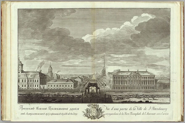 Nevsky Prospekt with the Stroganov Palace (Book to the 50th anniversary of the founding of St. Petersburg), 1753. Artist: Kachalov, Grigory Anikeevich (1711-1759)