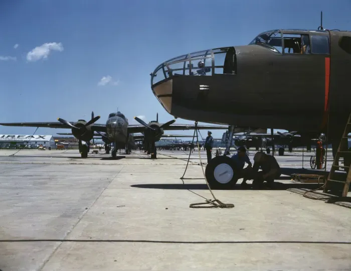 Framed Print : New B-25 bombers lined up for final inspection... North American Aviation, Inc. Calif. 1942. Creator: Alfred T Palmer Framed Print : New B-25 bombers lined up for final inspection... North American Aviation, Inc. Calif. 1942. Creator: Alfred T Palmer