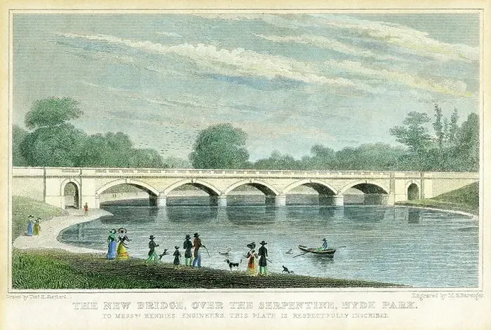 Framed Print : The New Bridge over the Serpentine, Hyde Park, London, 1827. Artist: MS Barenger Framed Print : The New Bridge over the Serpentine, Hyde Park, London, 1827. Artist: MS Barenger