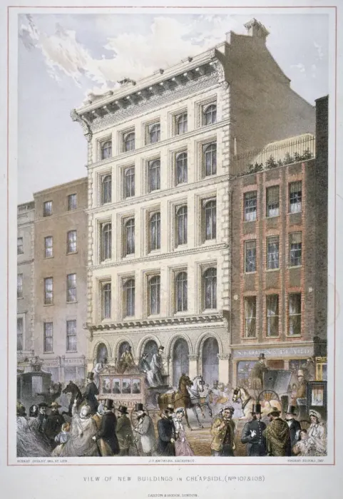 Framed Print : New buildings in Cheapside (nos 107 and 108), City of London, 1860. Artist: Robert Dudley Framed Print : New buildings in Cheapside (nos 107 and 108), City of London, 1860. Artist: Robert Dudley