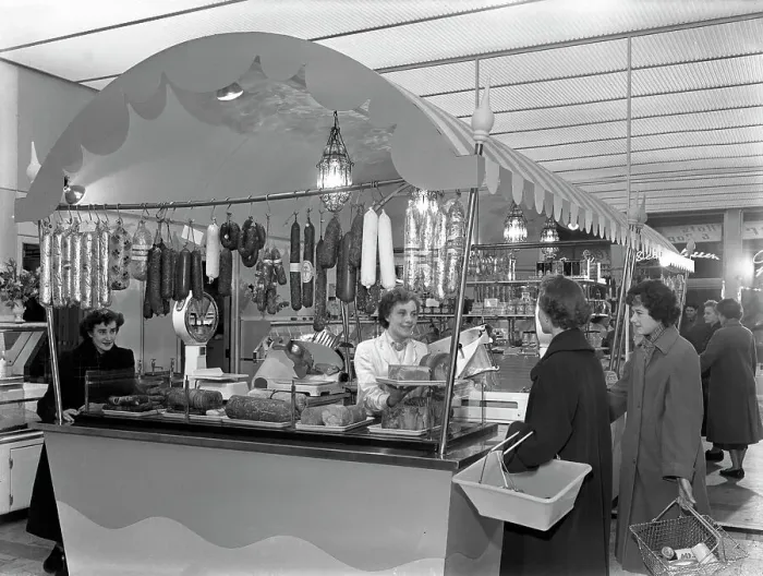Framed Print : New Co-op central butchers department, Barnsley, South Yorkshire, 1957. Artist Framed Print : New Co-op central butchers department, Barnsley, South Yorkshire, 1957. Artist