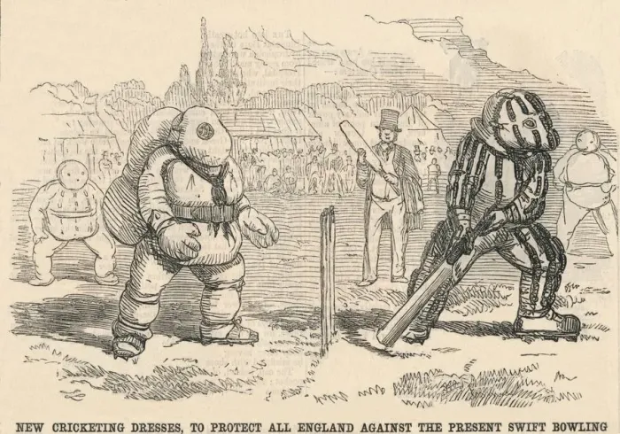 Framed Print : New Cricketing Dresses, To Protect All England Against The Present Swift Bowling, 1854 Framed Print : New Cricketing Dresses, To Protect All England Against The Present Swift Bowling, 1854
