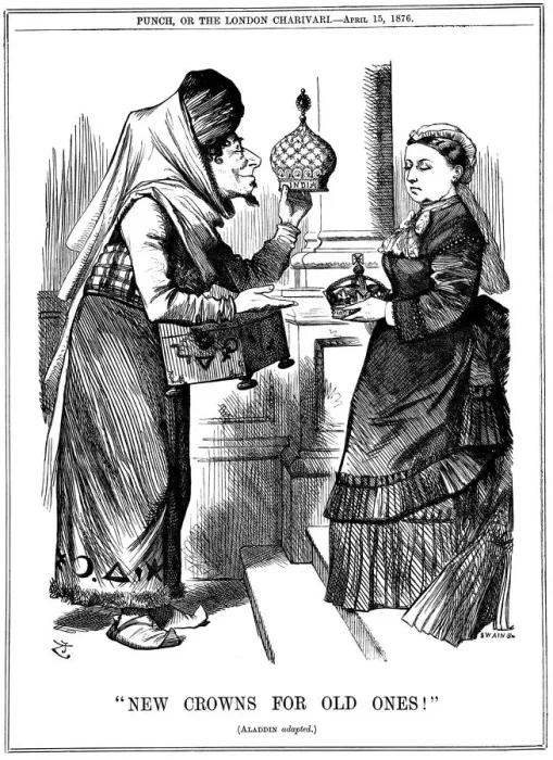 Framed Print : New Crowns for Old Ones!, Benjamin Disraeli offering the crown of India to Queen Victoria, 1876. Artist: John Tenniel Framed Print : New Crowns for Old Ones!, Benjamin Disraeli offering the crown of India to Queen Victoria, 1876. Artist: John Tenniel