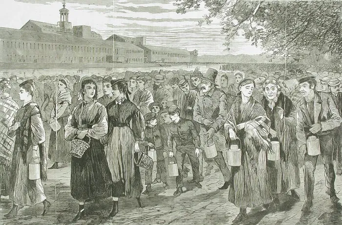 Framed Print : New England Factory Life - Bell-Time, 1868. Creator: Unknown Framed Print : New England Factory Life - Bell-Time, 1868. Creator: Unknown