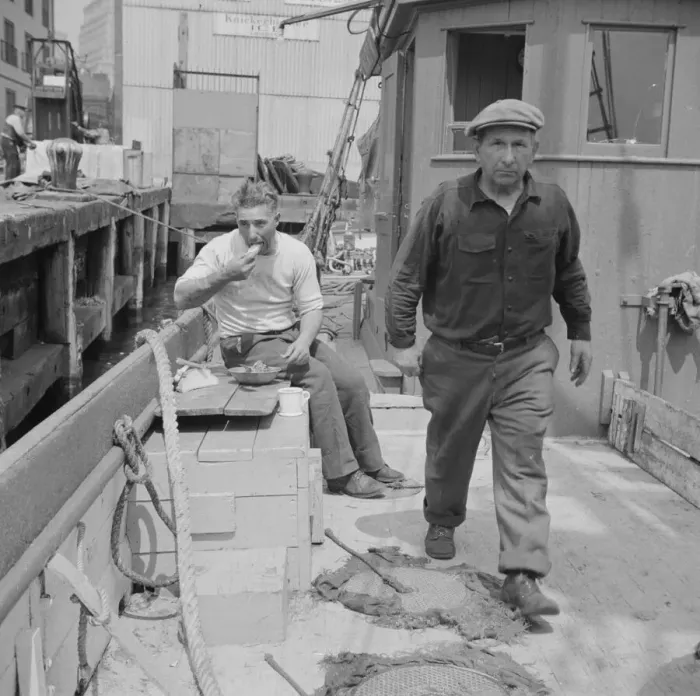 Framed Print : New England fisherman aboard their ship at Fulton fish market, New York, 1943. Creator: Gordon Parks Framed Print : New England fisherman aboard their ship at Fulton fish market, New York, 1943. Creator: Gordon Parks