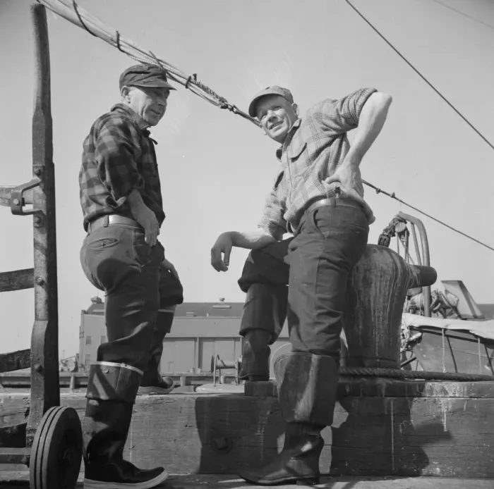 Framed Print : New England fishermen resting on the Fulton docks, New York, 1943. Creator: Gordon Parks Framed Print : New England fishermen resting on the Fulton docks, New York, 1943. Creator: Gordon Parks