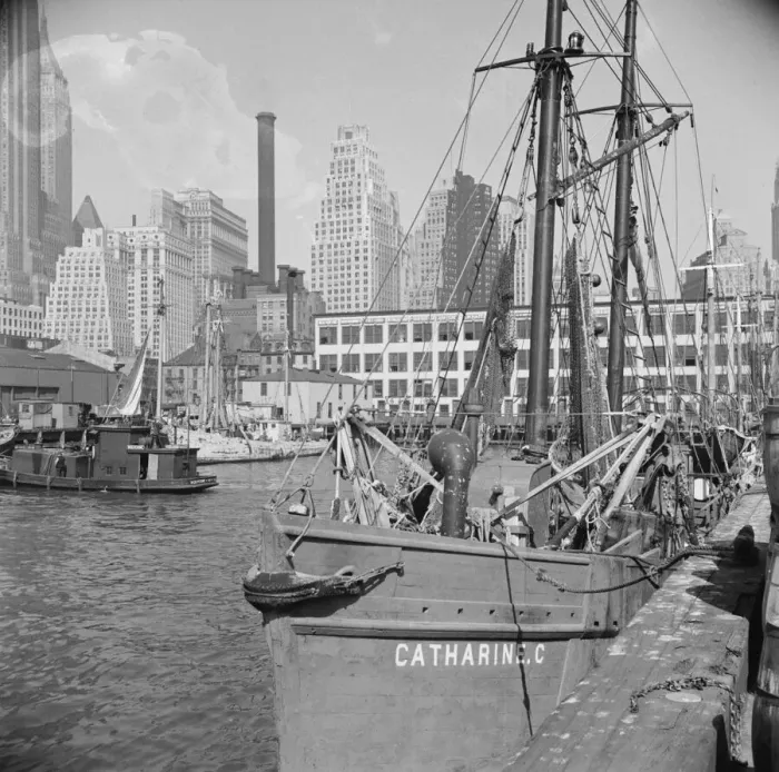 Framed Print : The New England fishing boat, the Catherine C, docked at the Fulton fish market, New York, 1943. Creator: Gordon Parks Framed Print : The New England fishing boat, the Catherine C, docked at the Fulton fish market, New York, 1943. Creator: Gordon Parks