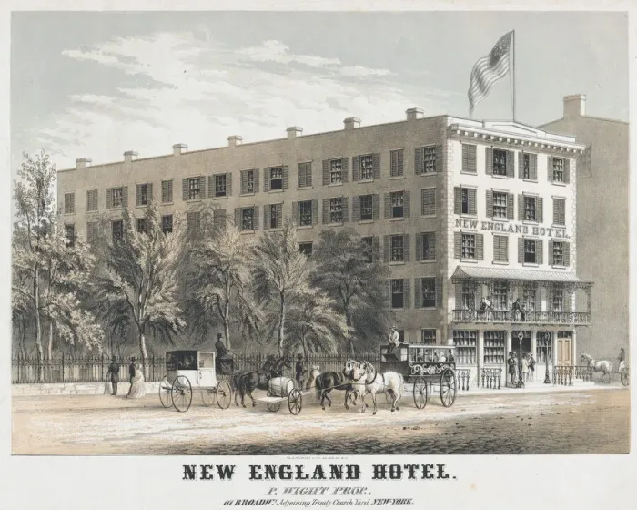 Framed Print : New England Hotel, Broadway, Adjoining Trinity Church Yard, New York, ca. 1848 Framed Print : New England Hotel, Broadway, Adjoining Trinity Church Yard, New York, ca. 1848
