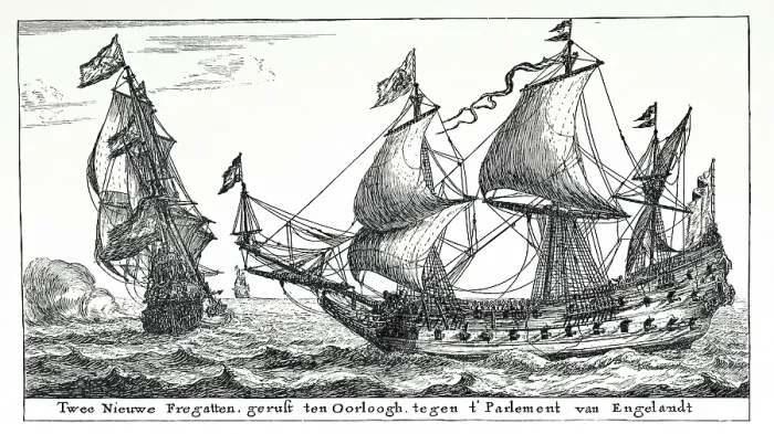 Framed Print : Two New Frigates Launched for War Against the Parliament of England, c1652-1654, (1896). Creator: Unknown Framed Print : Two New Frigates Launched for War Against the Parliament of England, c1652-1654, (1896). Creator: Unknown