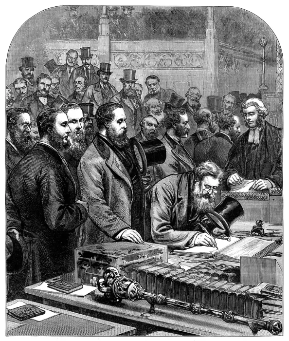 Framed Print : The new House of Commons: members signing the Roll of Parliament, 1880. Creator: Unknown Framed Print : The new House of Commons: members signing the Roll of Parliament, 1880. Creator: Unknown