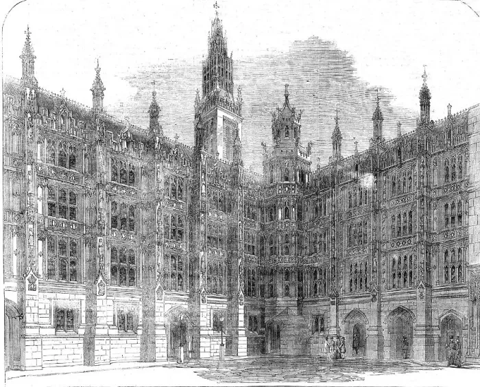 Framed Print : The New Houses of Parliament - Entrance to the Star-Chamber Court, New Palace-Yard, 1854. Creator: Unknown