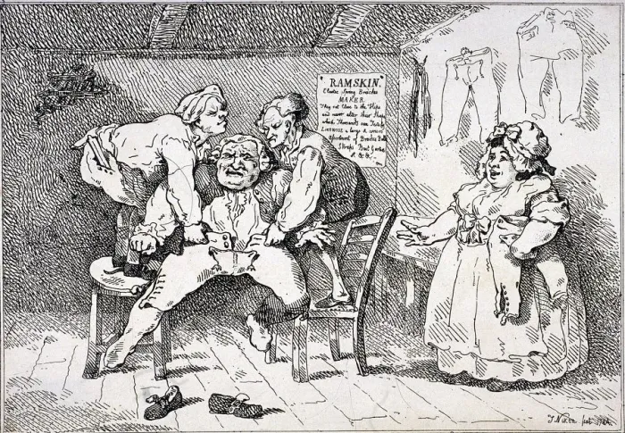 Framed Print : New invented elastic breeches, 1784. Artist: John Nixon Framed Print : New invented elastic breeches, 1784. Artist: John Nixon