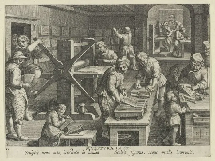 Framed Print : New Inventions of Modern Times [Nova Reperta], The Invention of Copper Engraving, plat... ca. 1600. Creator: Jan Collaert I