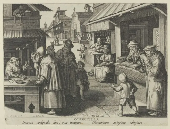 Framed Print : New Inventions of Modern Times [Nova Reperta], The Invention of Eyeglasses, plate 15... ca. 1600. Creator: Jan Collaert I