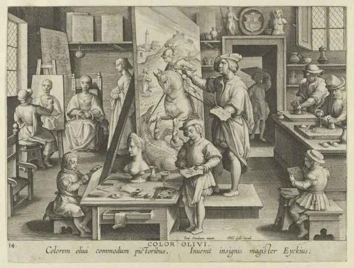Framed Print : New Inventions of Modern Times [Nova Reperta], The Invention of Oil Painting, plate 14... ca. 1600. Creator: Jan Collaert I