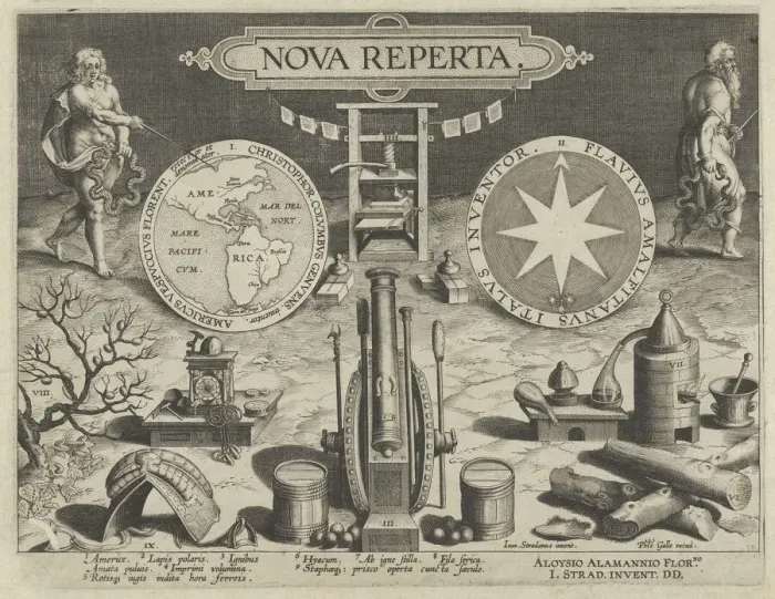 Framed Print : New Inventions of Modern Times [Nova Reperta], Title Plate, ca. 1600. Creator: Jan Collaert I