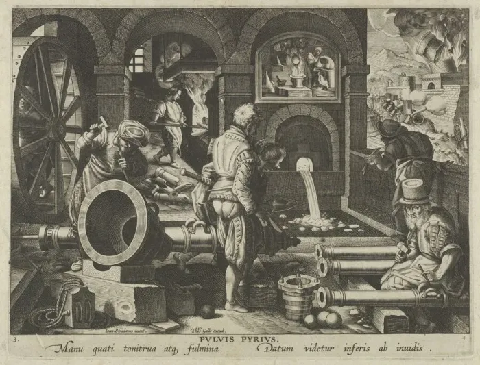Framed Print : New Inventions of Modern Times [Nova Reperta], The Invention of Gunpowder, plate 3, ca... ca. 1600. Creator: Jan Collaert I