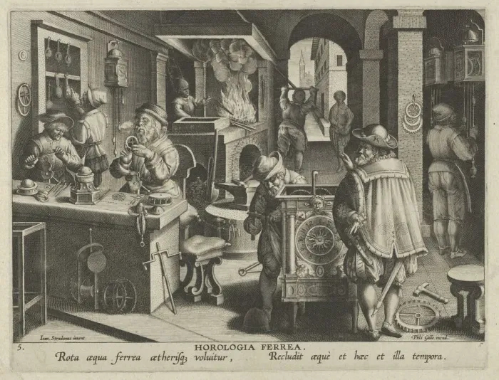 Framed Print : New Inventions of Modern Times [Nova Reperta], The Invention of the Clockwork, plate 5... ca. 1600. Creator: Jan Collaert I