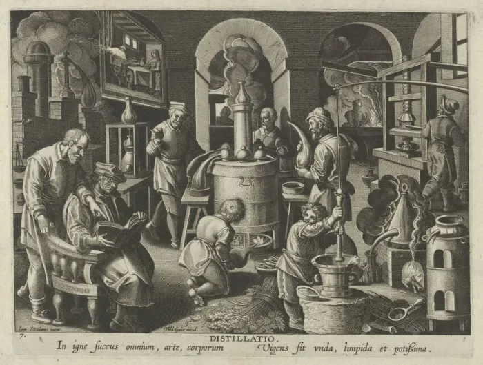 Framed Print : New Inventions of Modern Times [Nova Reperta], The Invention of Distillation, plate 7... ca. 1600. Creator: Jan Collaert I