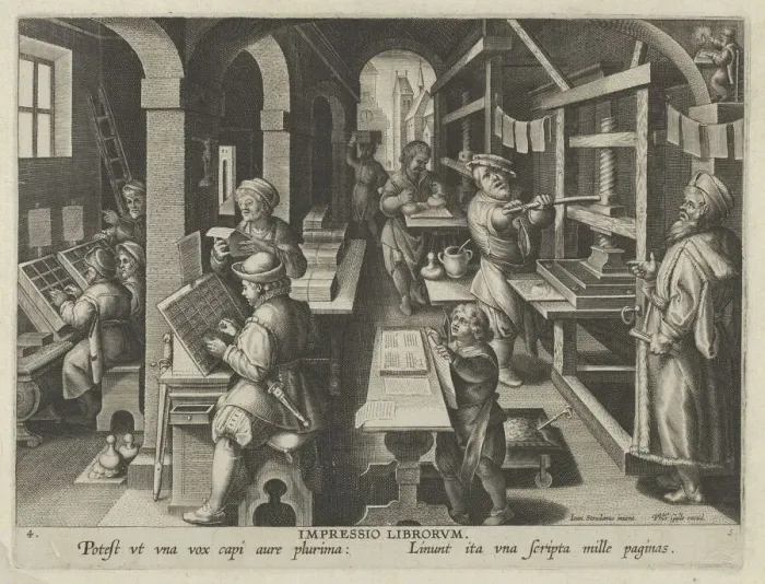 Framed Print : New Inventions of Modern Times [Nova Reperta], The Invention of Book Printing, plate 4... ca. 1600. Creator: Jan Collaert I