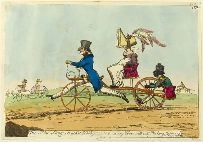 Framed Print : The New Long Back'd Hobby made to carry Three without Kicking, published June 19, 1819. Creator: William Heath